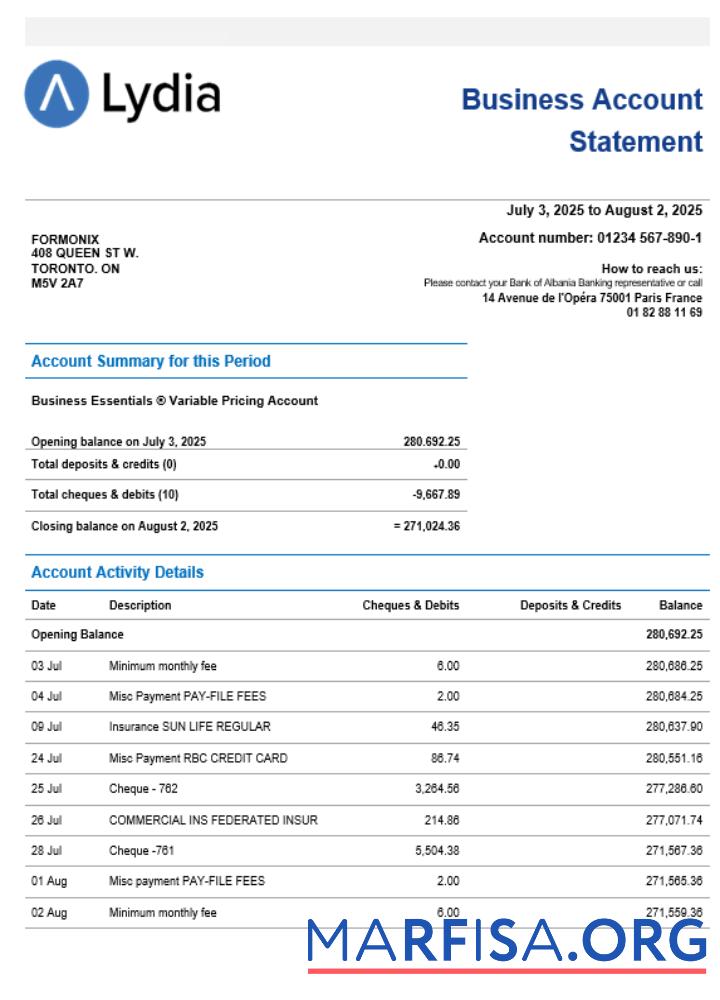 Downloadable Lydia Noir bank business firm account statement Word snd PDF format sample